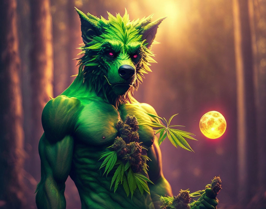 Muscular anthropomorphic wolf in mystical forest with cannabis leaves and glowing moon orb