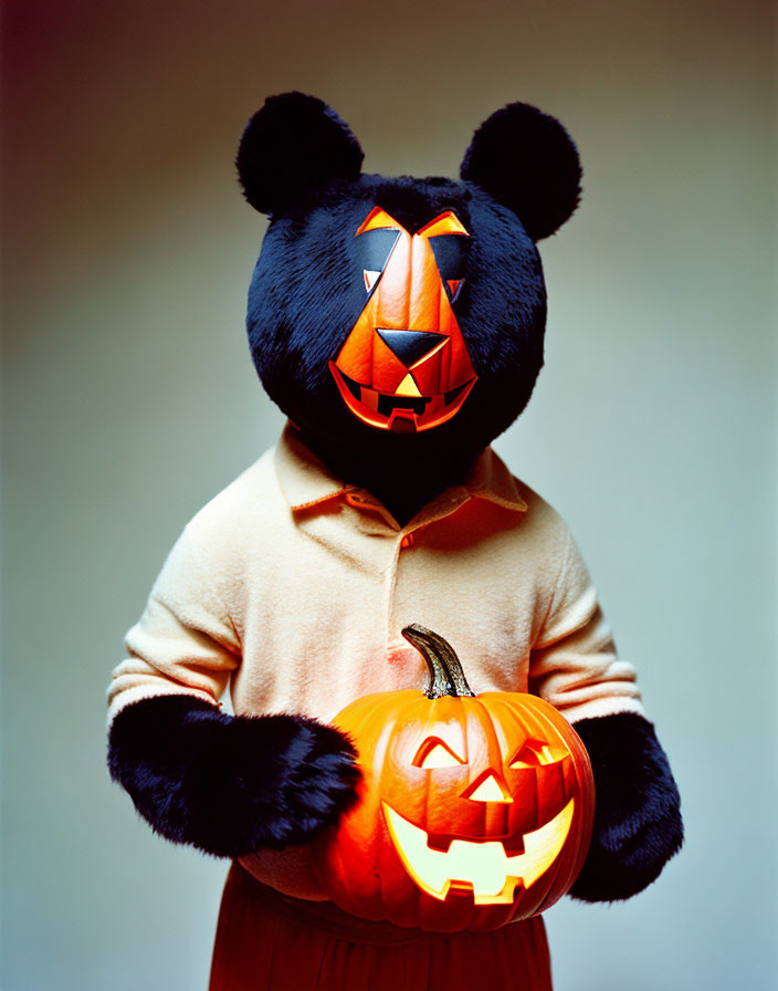 Person in bear costume with jack-o'-lantern on gradient background