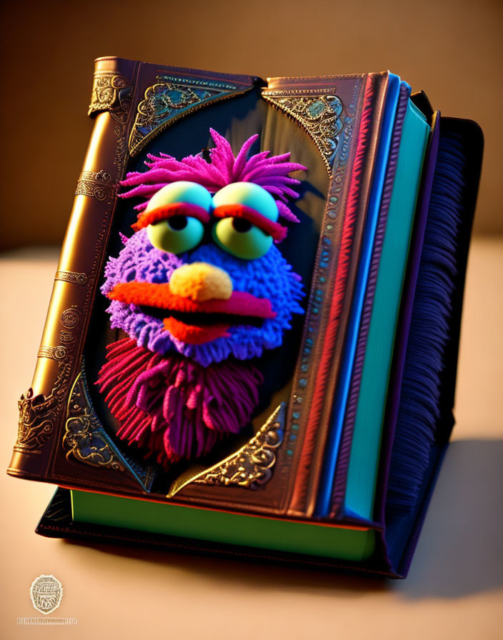 Colorful fuzzy face on whimsical book cover with playful eyes and purple fringed mouth.