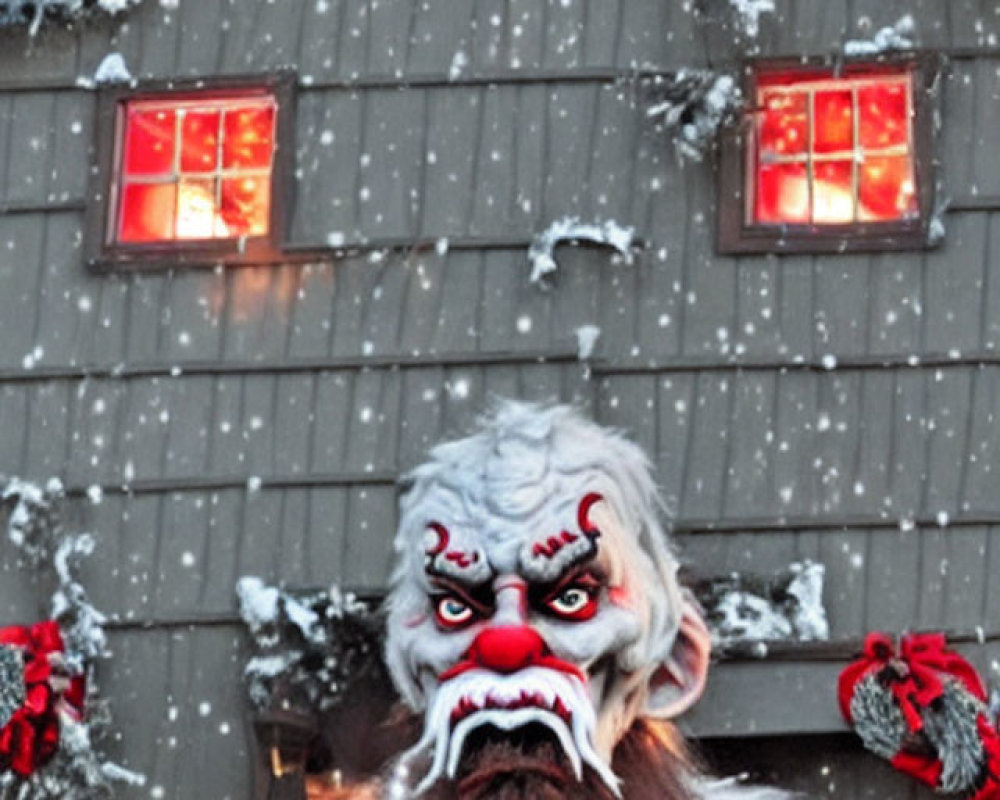 Person in Krampus costume with large horns and white hair in snowy festive scene