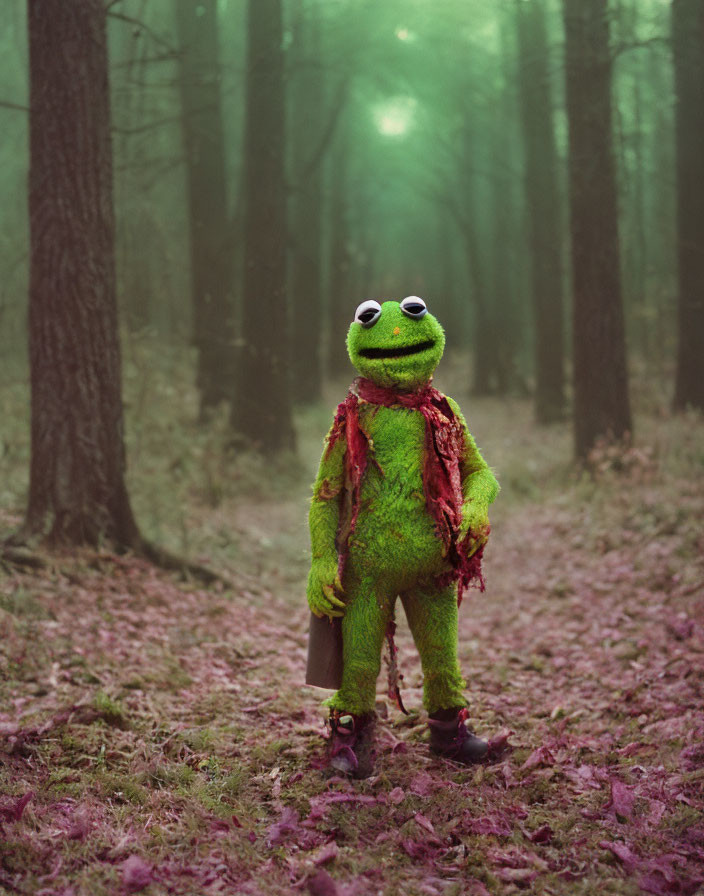 Green frog costume with red scarf in misty forest with green glow