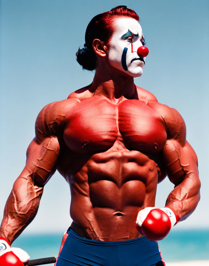 Muscular person in clown makeup with red nose lifting dumbbells outdoors