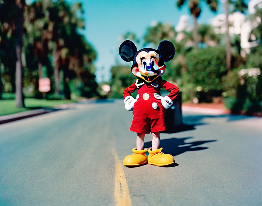 Person in Mickey Mouse Costume on Sunlit Road with Trees