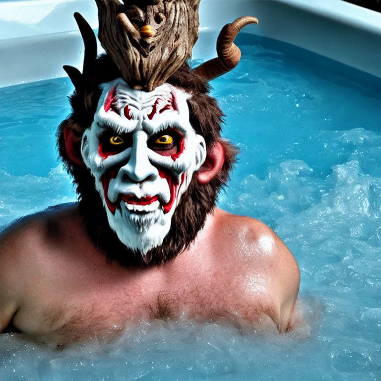 Elaborate white mask face paint in hot tub