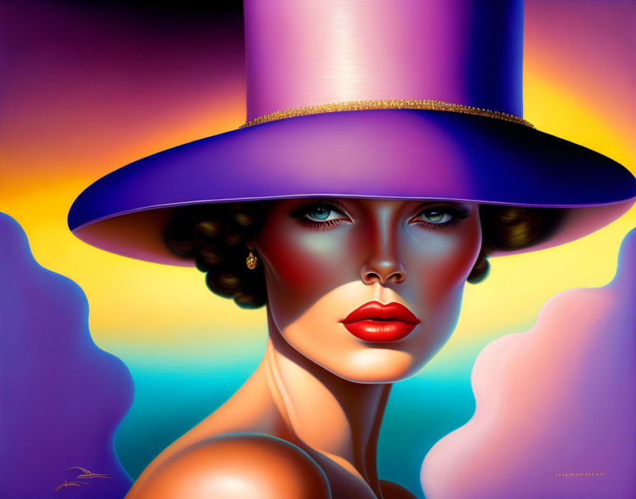 Colorful Stylized Portrait of Woman in Purple Hat on Abstract Background