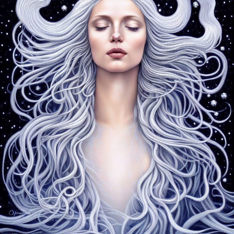 Illustration: Woman with flowing white hair blending into starry night sky