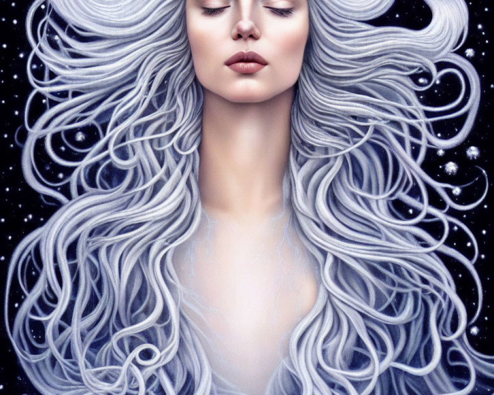 Illustration: Woman with flowing white hair blending into starry night sky