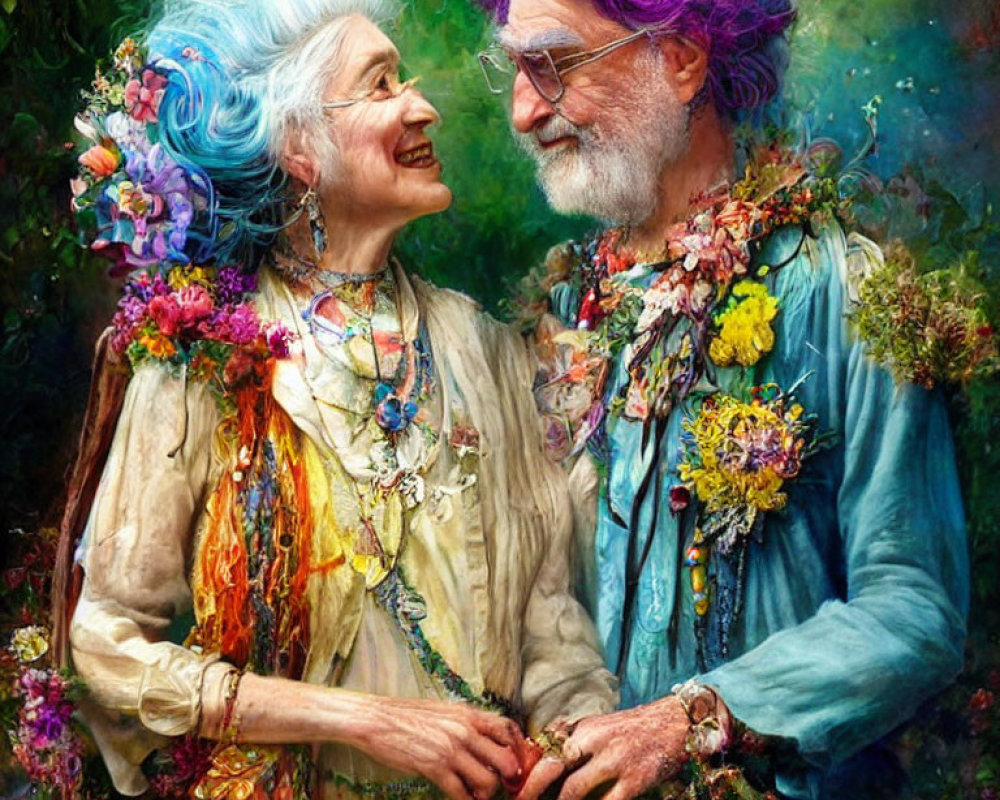 Elderly couple in colorful hair and floral attire enjoy nature backdrop