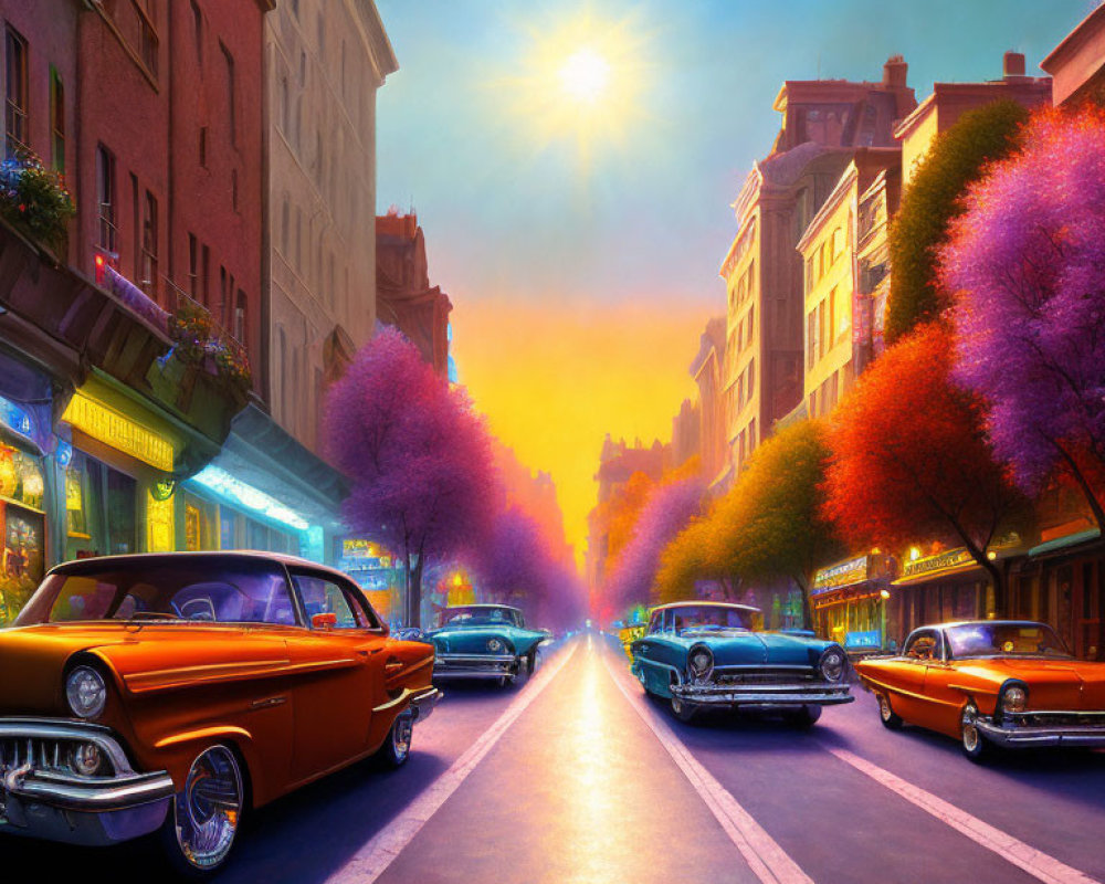 Colorful vintage cars on vibrant sunset street with dazzling cityscape.