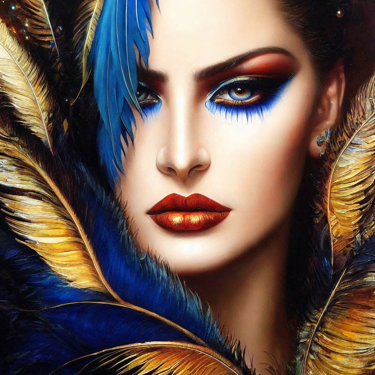 Close-up of woman with bold blue eyeshadow and red lipstick surrounded by vibrant feathers