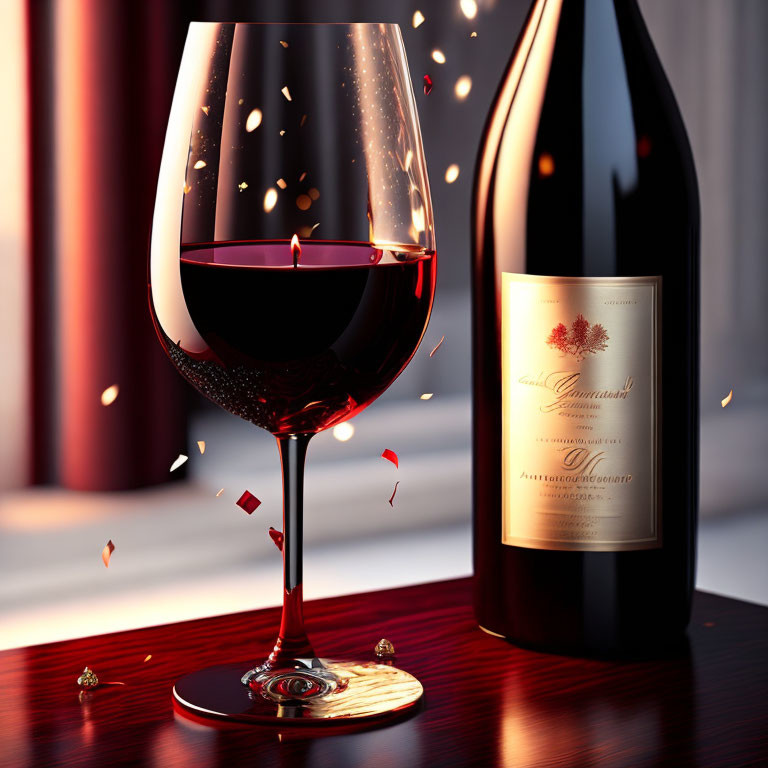 Red Wine Glass and Bottle with Sparkling Reflections on Red Curtain Background