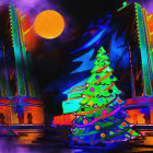 Snowy village night painting with Christmas tree, golden moon, lit houses, and starry sky.