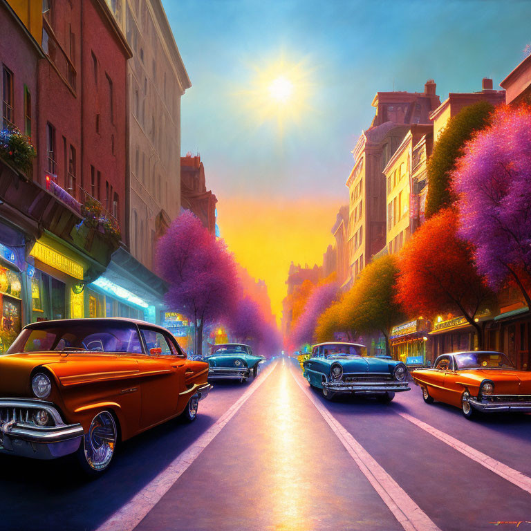 Colorful vintage cars on vibrant sunset street with dazzling cityscape.