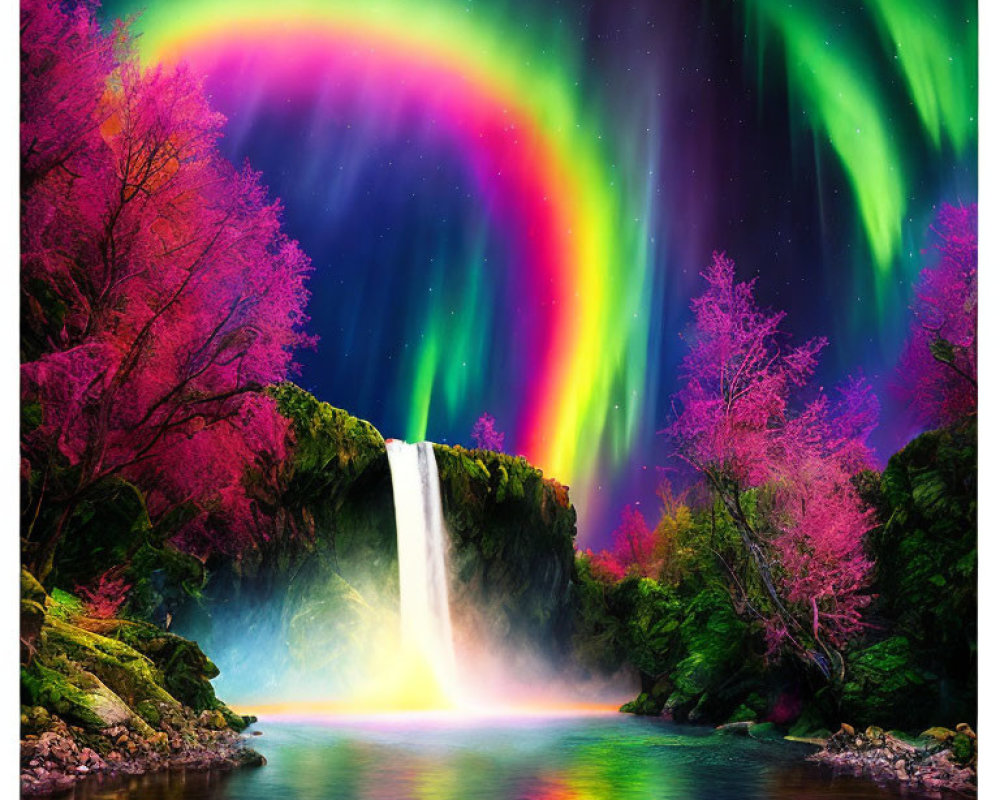 Multicolored Aurora Over Vibrant Waterfall & Pink Flora