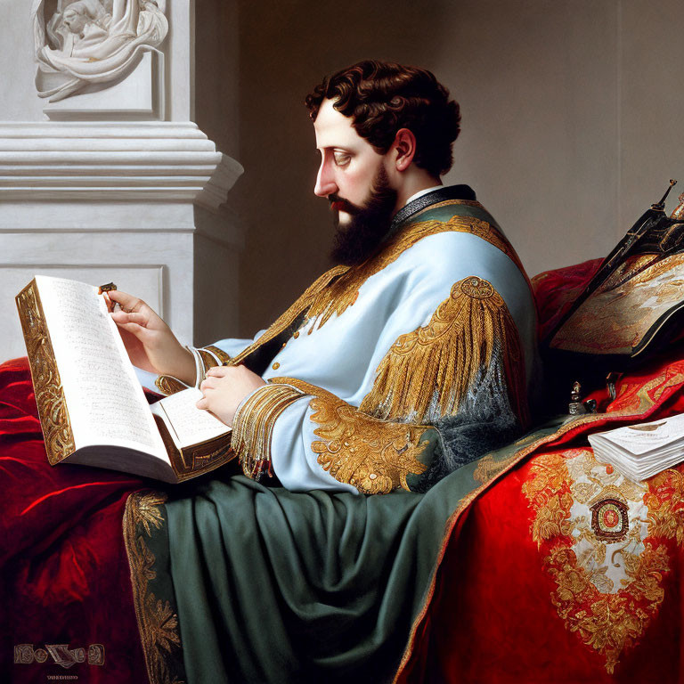 Historical bearded man writing with quill pen in opulent setting