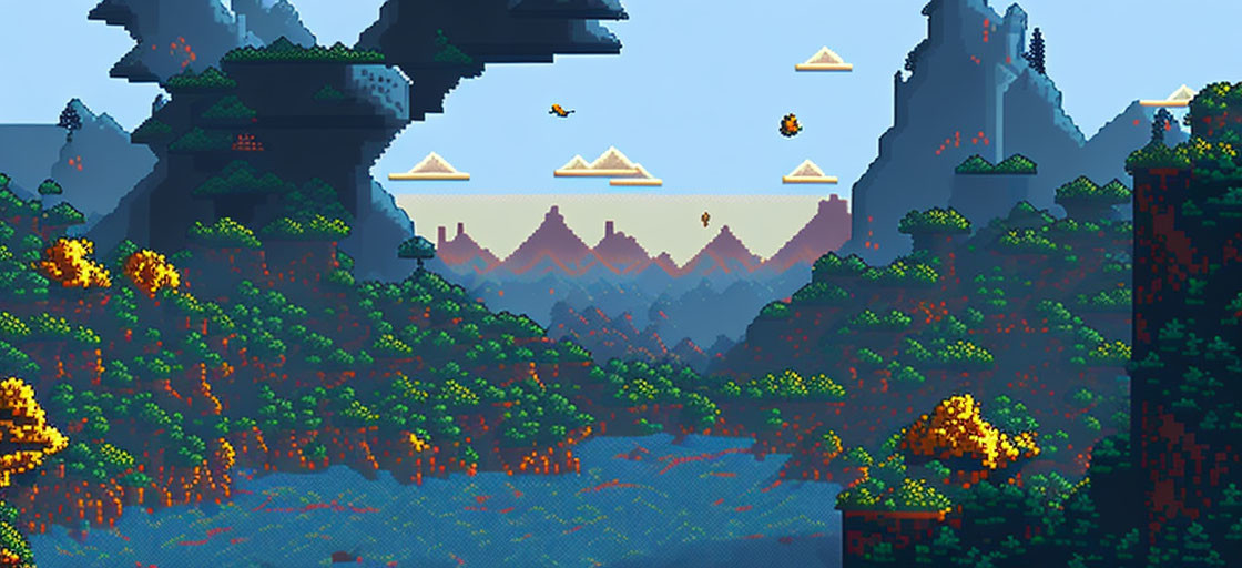 Detailed Pixel Art Landscape: Floating Islands, Spaceships, & Mountain Range in Orange Sky