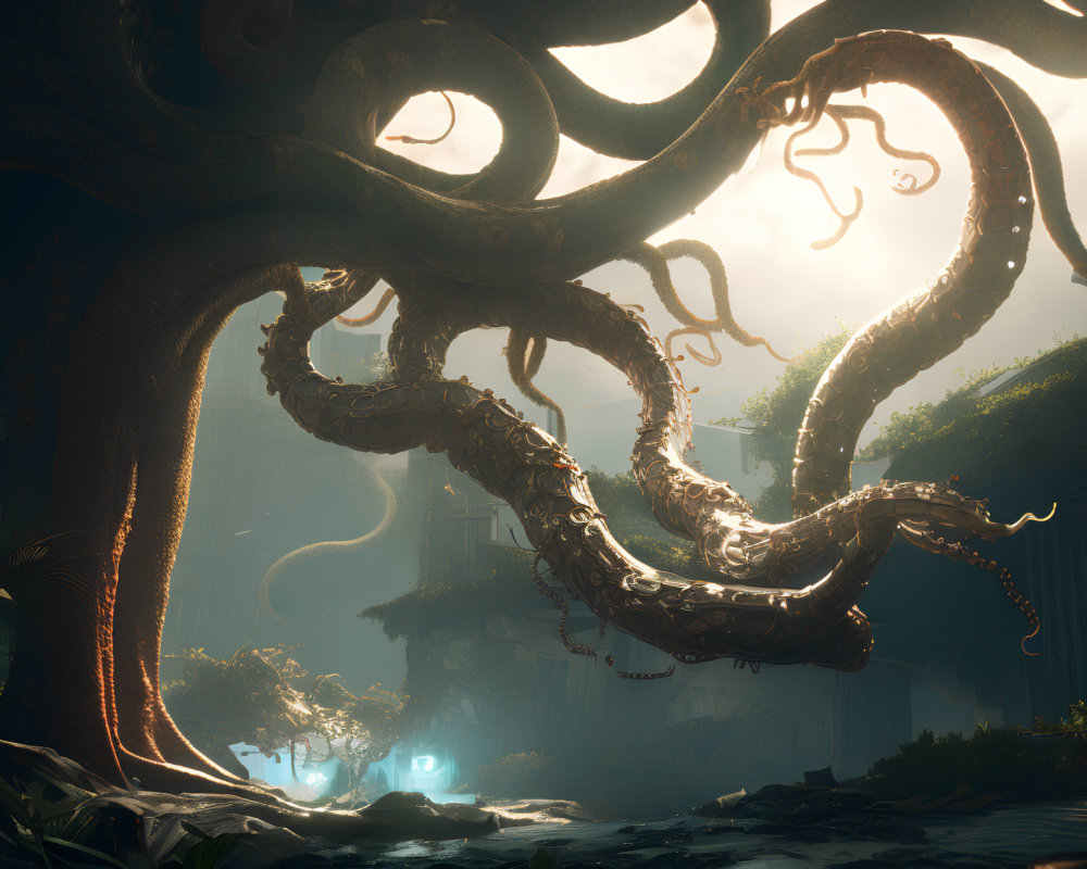 Mystical forest scene with massive octopus tentacles, glowing orbs, and ancient trees