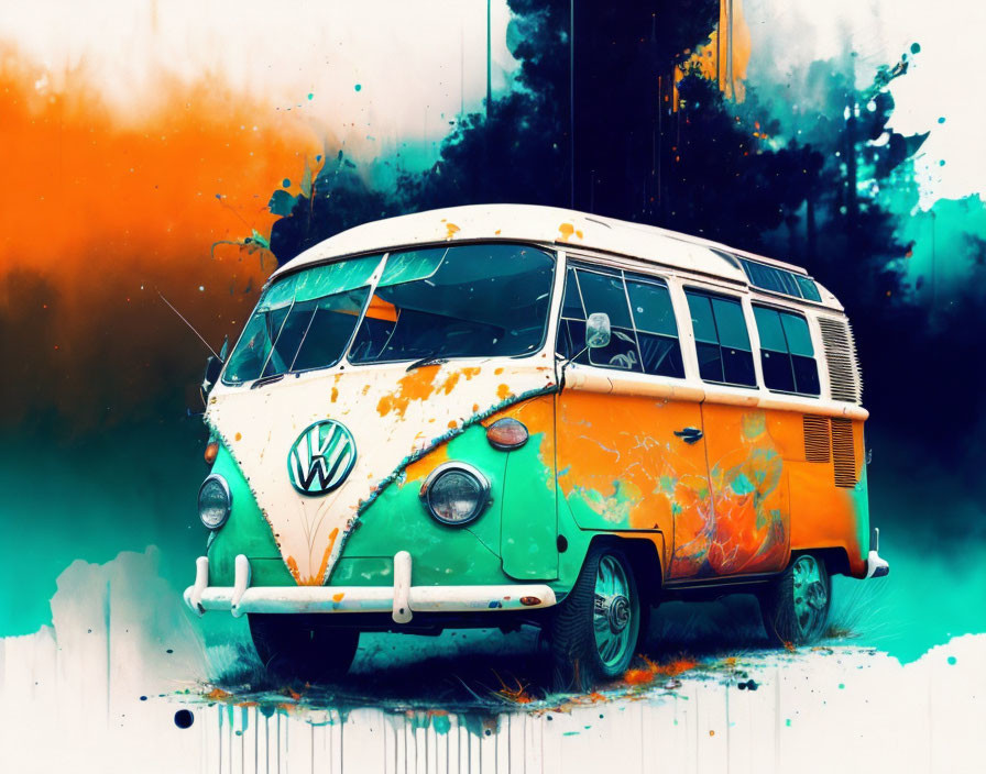 Colorful Volkswagen van artwork with paint splatters and grunge background