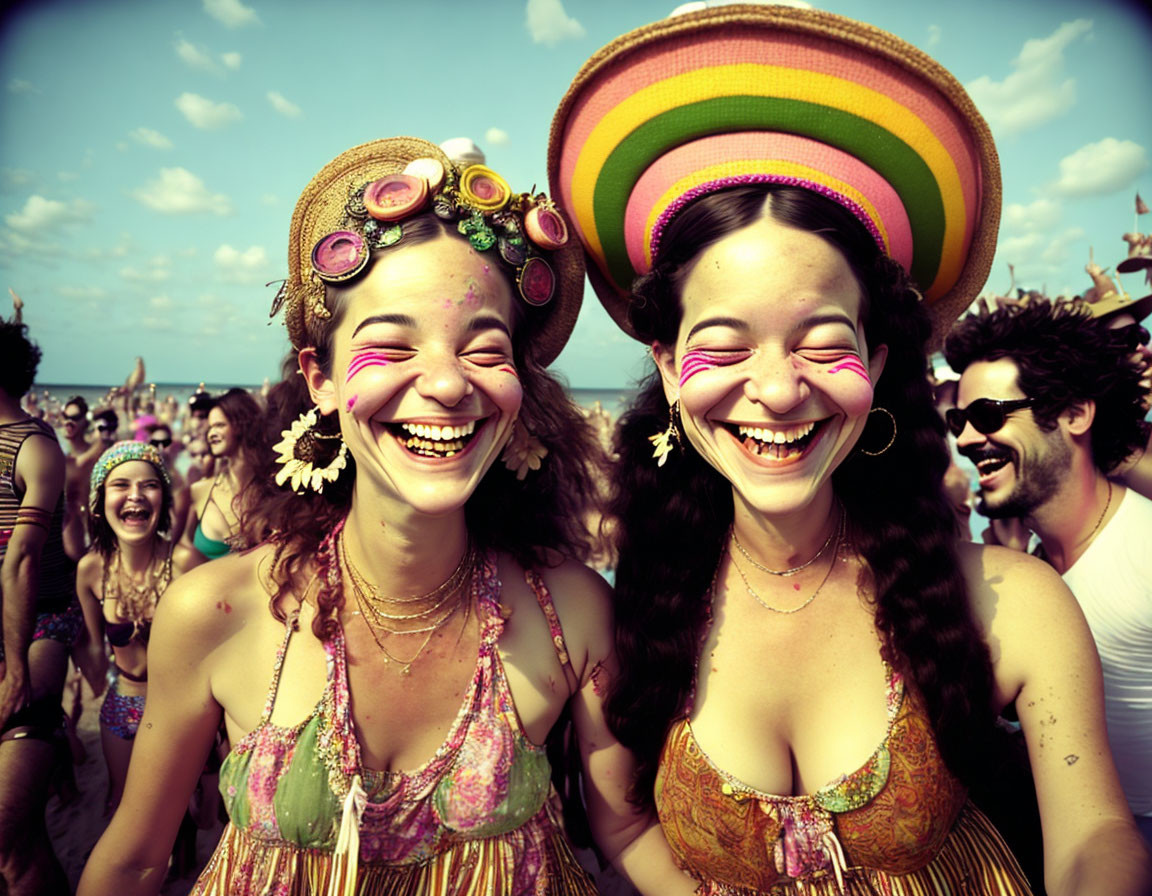 Joyful people in festive attire laughing in a crowd