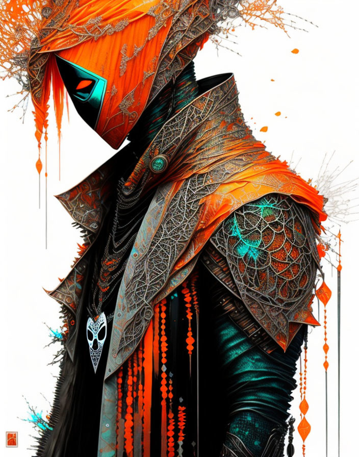 Digital artwork of figure in ornate orange and black armor with detailed patterns