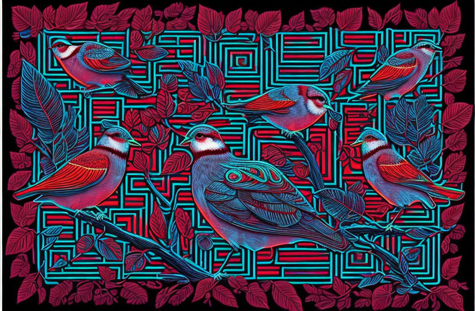 Colorful artwork: Four stylized birds in bold red, blue, and black amid geometric patterns