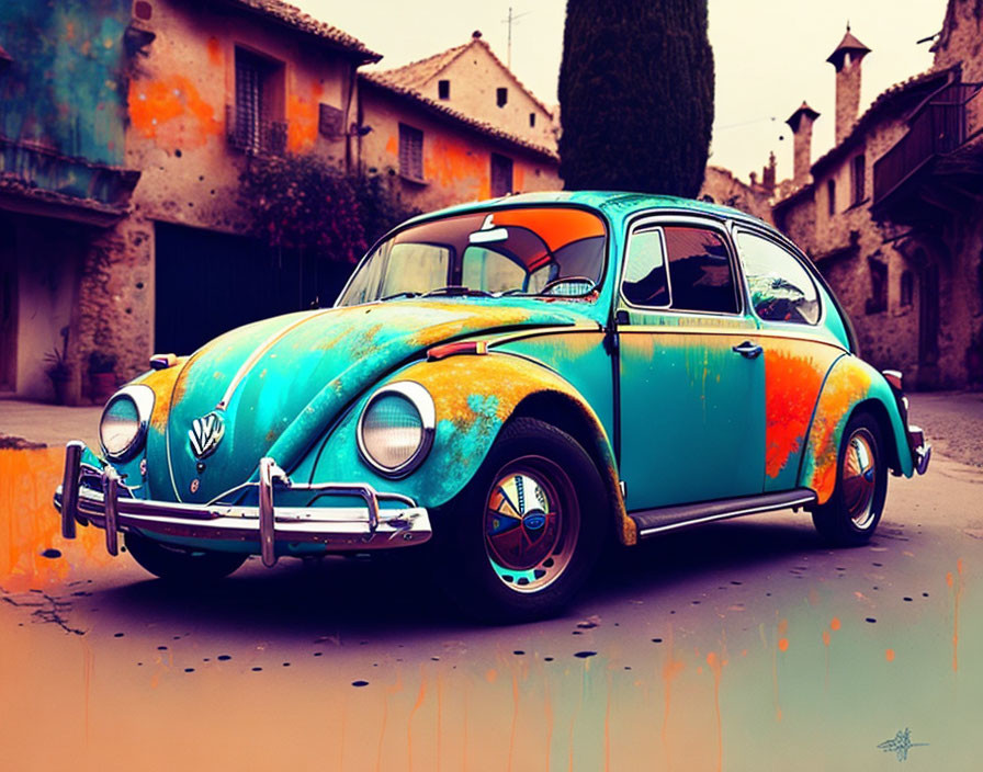 Colorful Vintage Volkswagen Beetle on Cobblestone Street