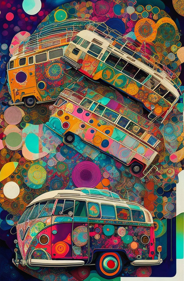 Colorful Vintage Buses with Psychedelic Patterns on Geometric Background