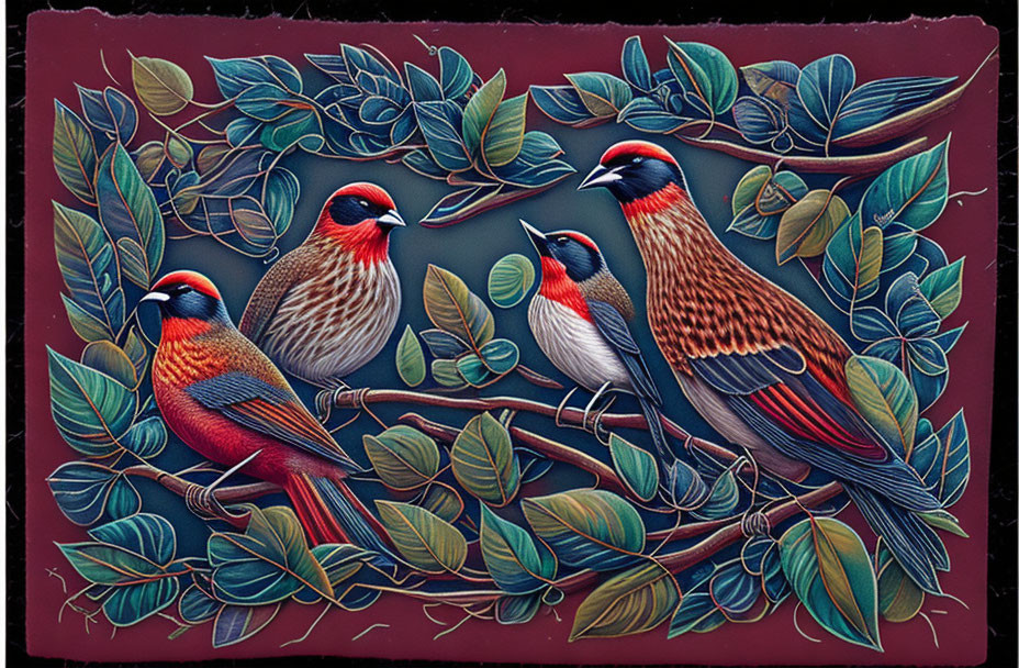 Vibrant birds on branches with green leaves in detailed illustration