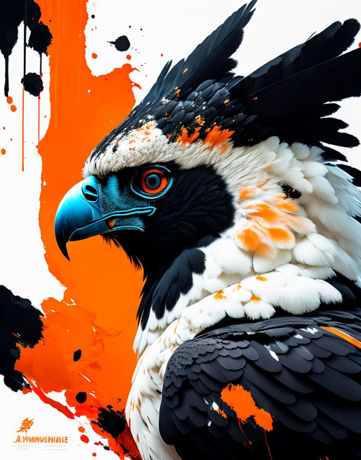 Colorful digital art: Eagle with blue beak, intense eyes, orange, black, white feathers