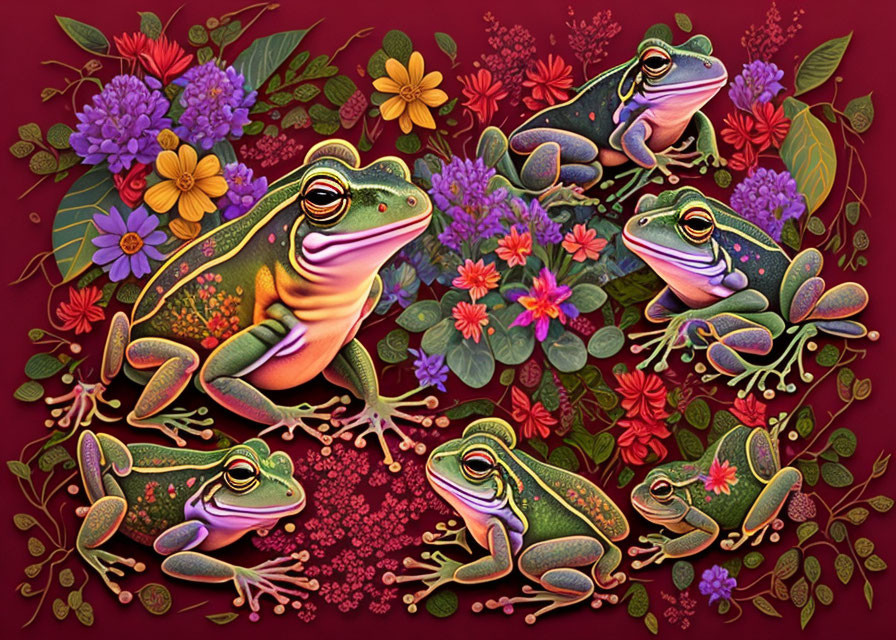 Vibrant frog illustration in diverse flower setting on red backdrop