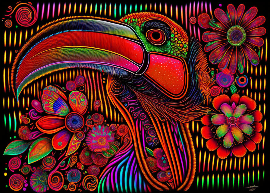 Colorful Toucan Illustration with Floral Patterns on Dark Background