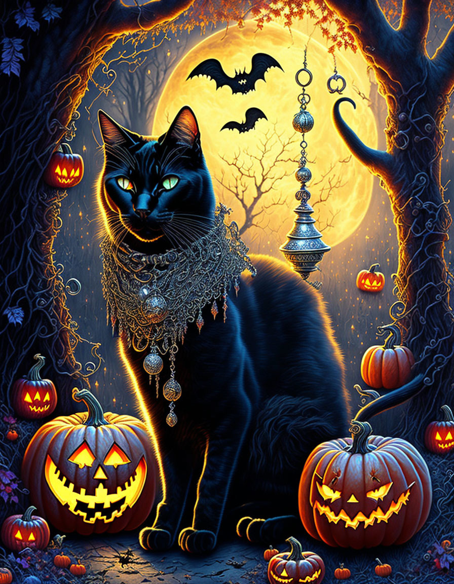 Black Cat with Jewelry Among Carved Pumpkins on Halloween Night