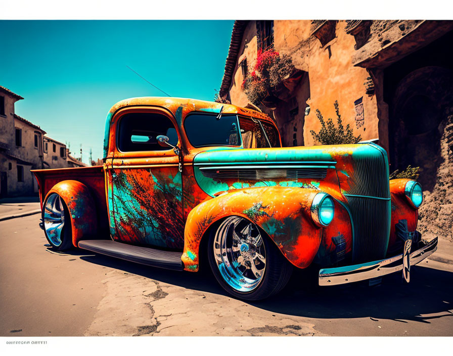 Customized Vintage Pickup Truck with Flame Paint Job on Old European Street