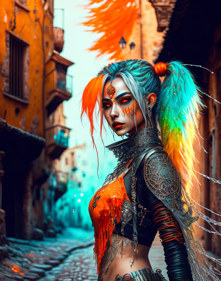 Blue-skinned woman with rainbow hair in urban alleyway