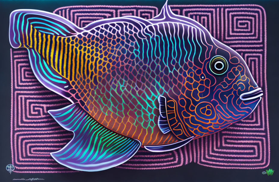 Colorful Neon Fish Illustration on Dark Swirling Background