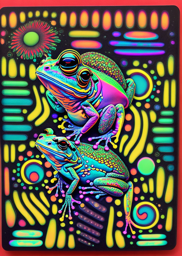 Colorful Psychedelic Artwork: Neon Frogs on Abstract Black Background