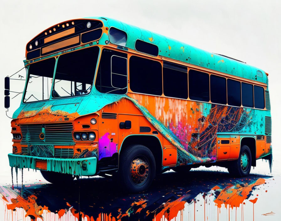 Digitally altered image: Old school bus with turquoise paint, orange and purple splashes.