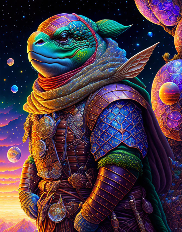 Colorful Turtle Humanoid in Detailed Armor Against Cosmic Backdrop