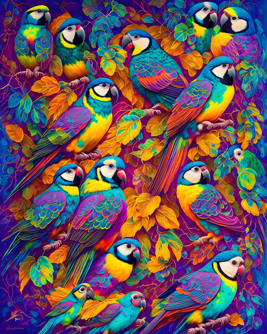 Colorful Stylized Parrots Among Tropical Foliage Artwork