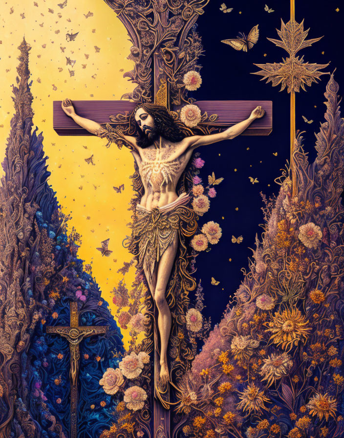 Intricate illustration of person on cross with floral patterns and butterflies