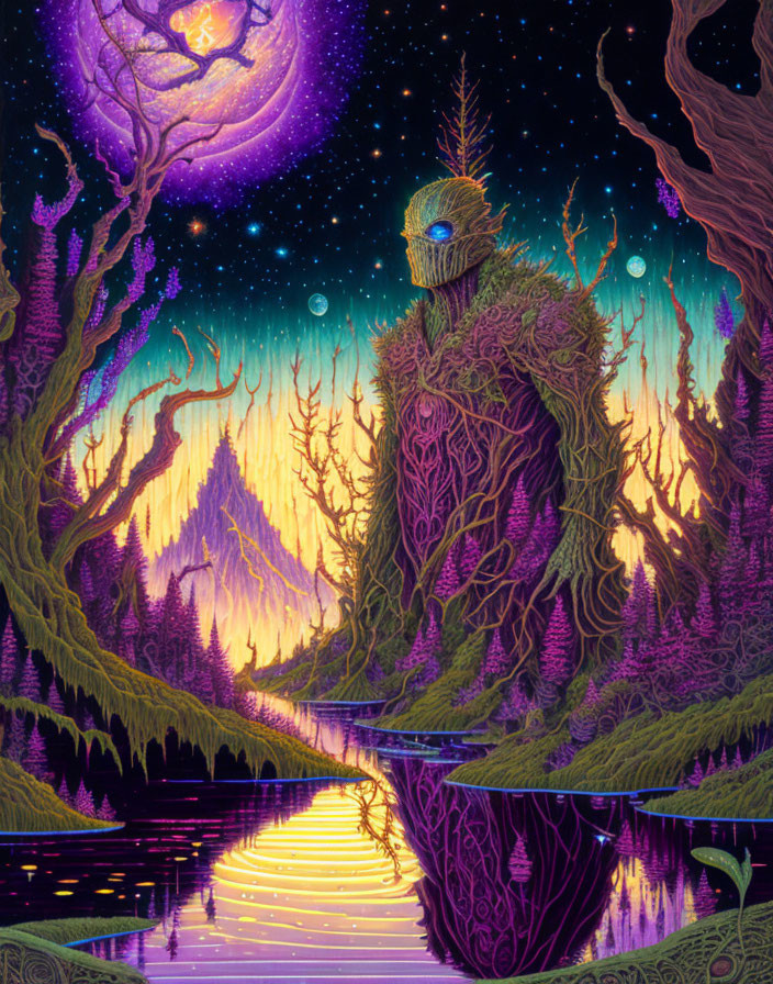 Fantasy illustration of towering tree creature in enchanted forest