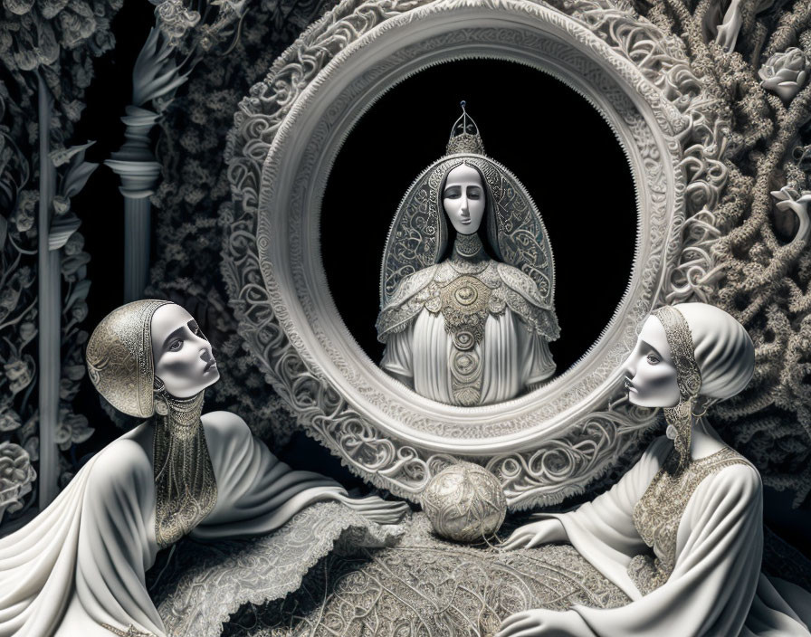 Monochrome image of statuesque figures in ornate headdresses and ornamental design.