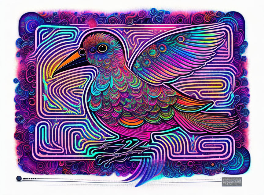 Colorful Psychedelic Bird Illustration on Lilac Background