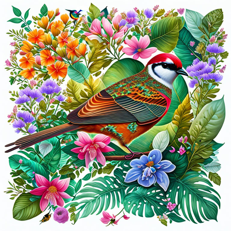 Colorful Bird Surrounded by Tropical Flowers and Foliage