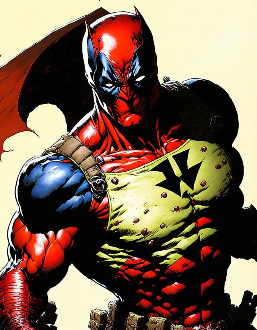 Muscular superhero with red and black mask and star emblem holding hammer