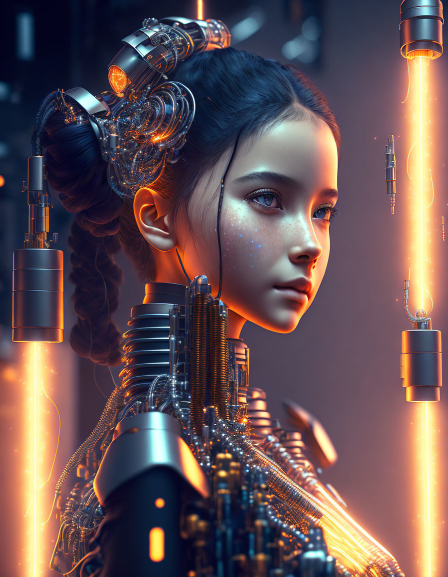 Cybernetic futuristic girl with glowing orange cables.