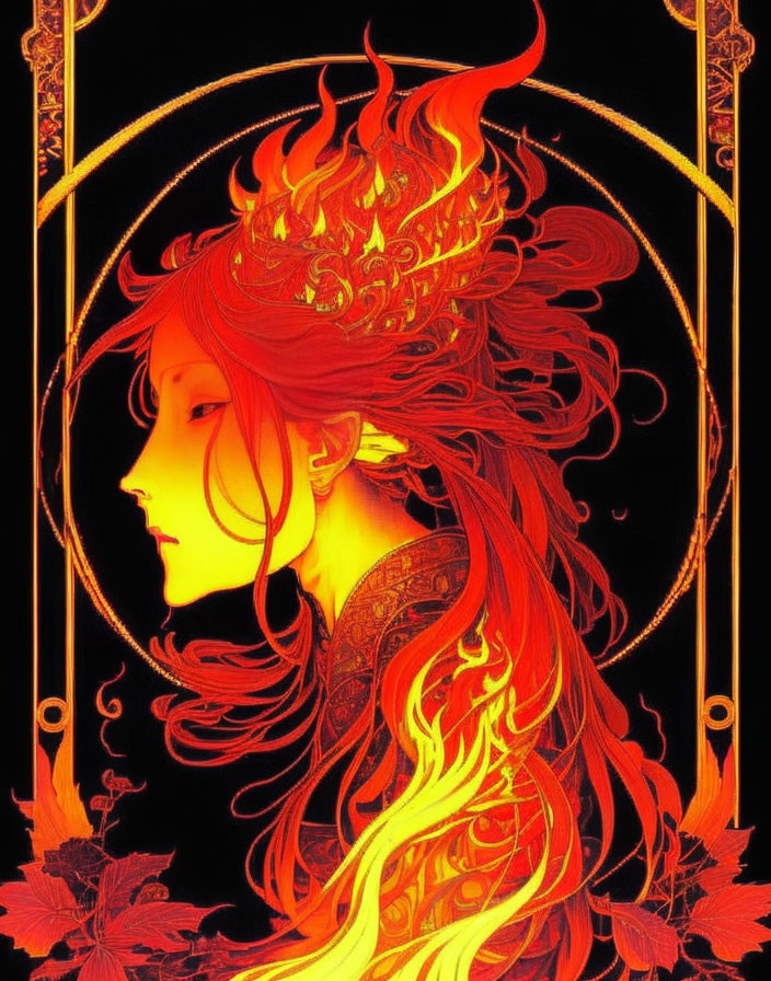 Stylized illustration of person with red hair in golden art nouveau setting