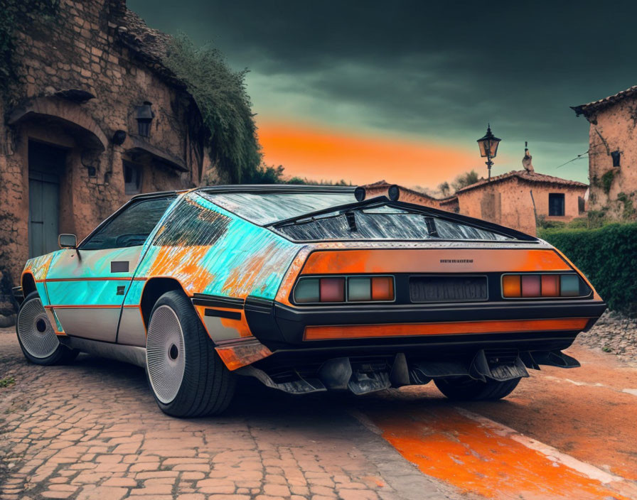 Classic DeLorean Car with Stainless Steel Body and Gull-Wing Doors on Cobblestone Street