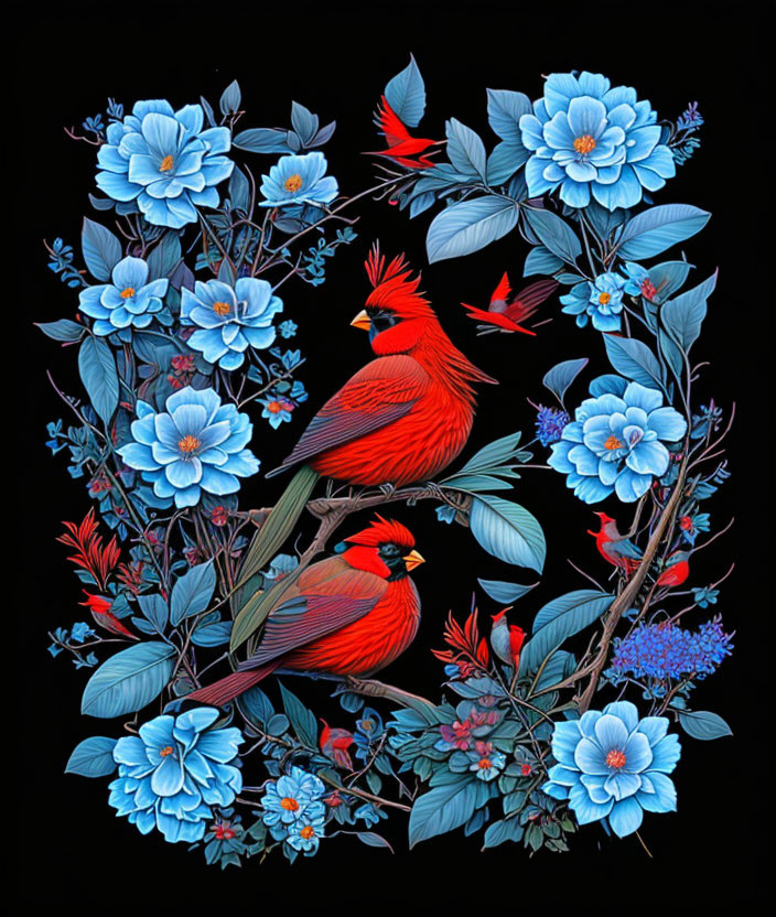 Vibrant red cardinals in circular floral arrangement on black background