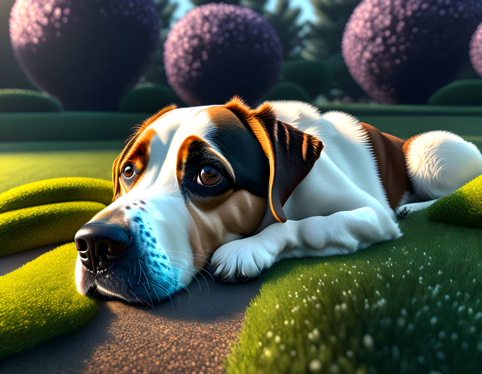 Realistic Beagle on Lawn with Moss-Covered Spheres